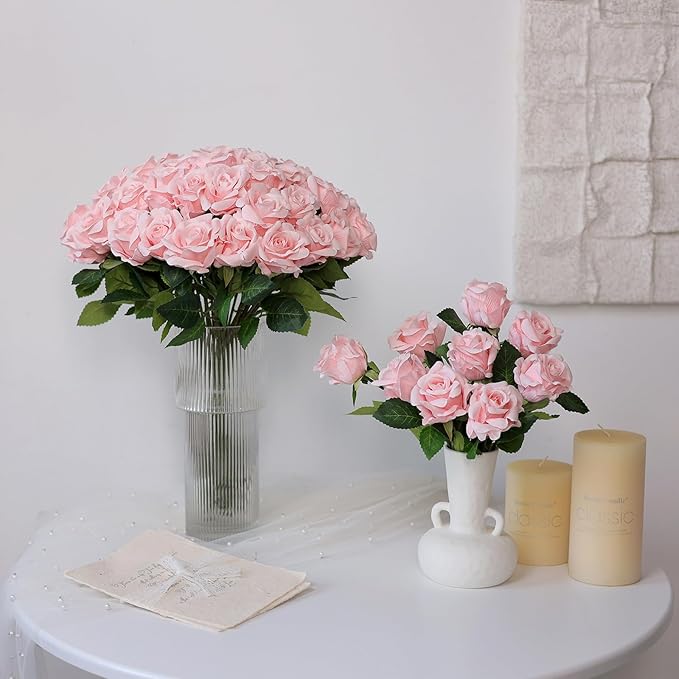 YXZZWL 60 Pcs Artificial Roses in Bulk, Fake Silk Roses Realistic Roses Stem Faux Roses Bouquet for Wedding Centerpieces Flower Arrangement Home Decor (Pink)