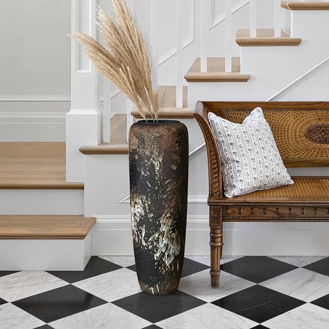 Rustic Ceramic Tall Floor Vase,23.6 Inch Black Large Pottery Farmhouse Decor Floor Vase for Living Room Entryway Table Centerpiece Decor,Vintage Terracotta Vases,Wedding Gift