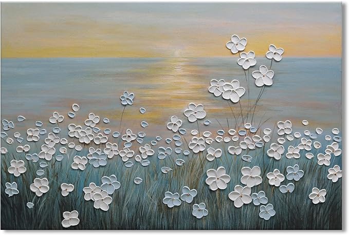 JUHOME Vintage Hand-Painted Thick Texture 3D White Flowers Abstract Oil Painting on Canvas Wall Art,Horizontal Sunset Beach Art Decor for Home Office Hall Wall Decorative,36x24