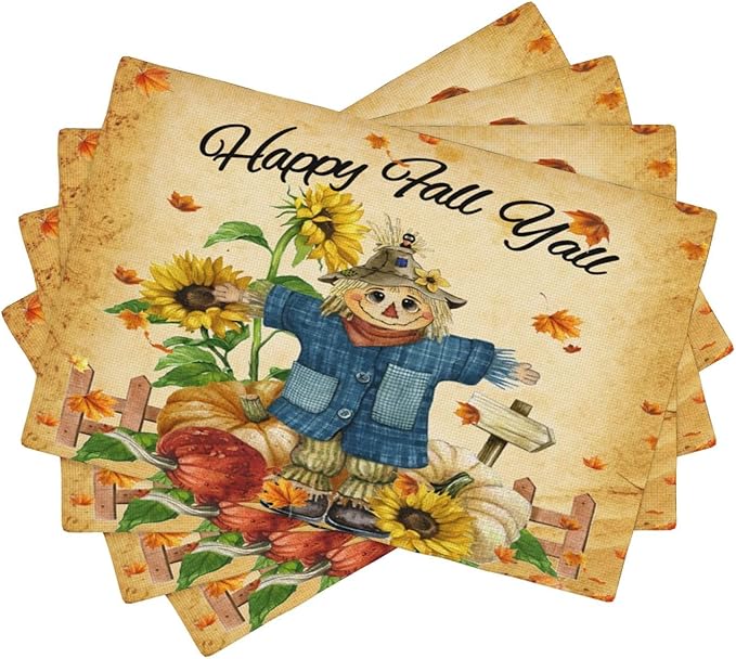Autumn Scarecrow Placemats Farmhouse Rustic Vintage Brown Sunflower Pumpkin Flower Maple Thanksgiving Placemats Table Kitchen Dining Party 12x18 Inch Set of 6