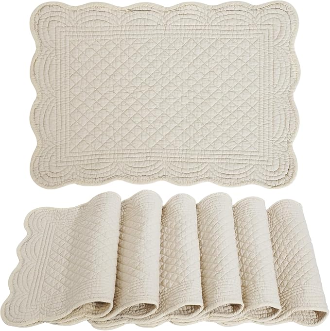 6 PCS Quilted Placemats -13x18 inches, 100% Cotton Placemats with Microfiber Filling, Thick & Washable Place Mats for Durable Use, Rectangular Placemats with Scalloped Edge for Kichen and Dining, Flax