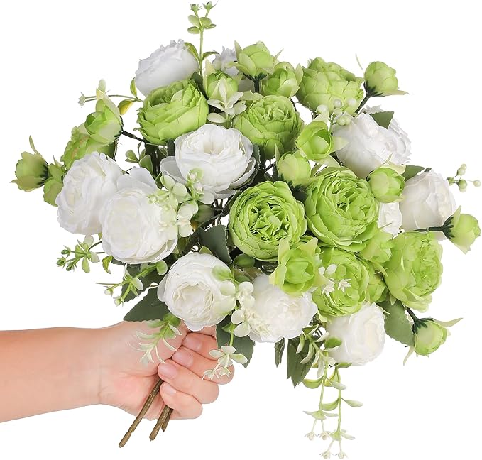Floweroyal 2 Bunches Peony Artificial Flowers Green Flowers Silk Peonies Bouquets for Wedding Party Table Centerpieces Floral Arrangement Home Kitchen Decor