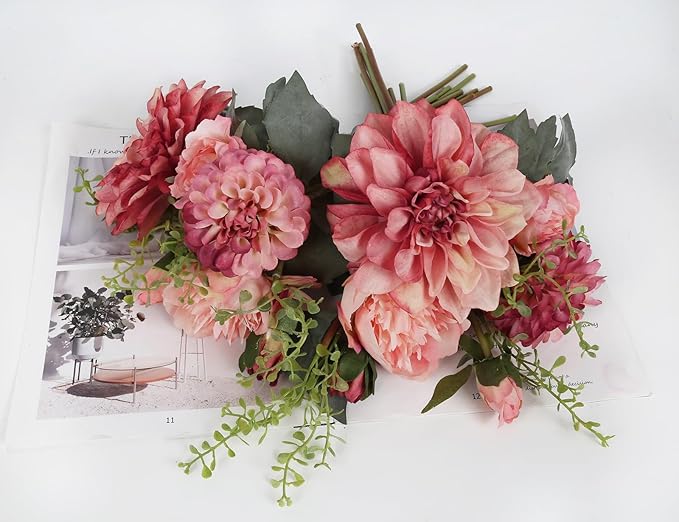 Pink Peonies Dahlia Artificial Flowers 2 Bouquets Vintage Peonies Combo Dahlia 18Stems Silk Flower Arrangements for Wedding Decoration Bride Bouquet Flowers Crafts Floral Arrangement (Pink)
