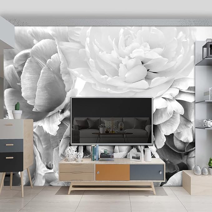 Grey Peony Floral Wallpaper Bedroom Black and White Flowers murals Aesthetic Room Decor Living Room tv Background Large Wall Mural - 183"x120" Not Peel and Stick