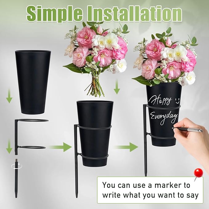 Metal Grave Vase Flower Holder with Spikes Metal Cemetery Vase Flower Holder in ground Decoration with Floral Foam Black for Memorial Markers, Graveside Decor Sign for Outdoor Yard Lawn