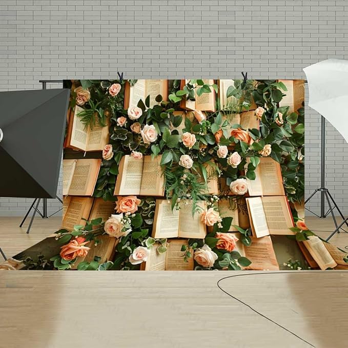 10x8FT Books Flowers Wall Photography Backdrop Green Leaves Rose Flowers Vintage Books Background Newborn Bridal Shower Birthday Party Banner Decor Supplies Photo Studio KUBDJ1003