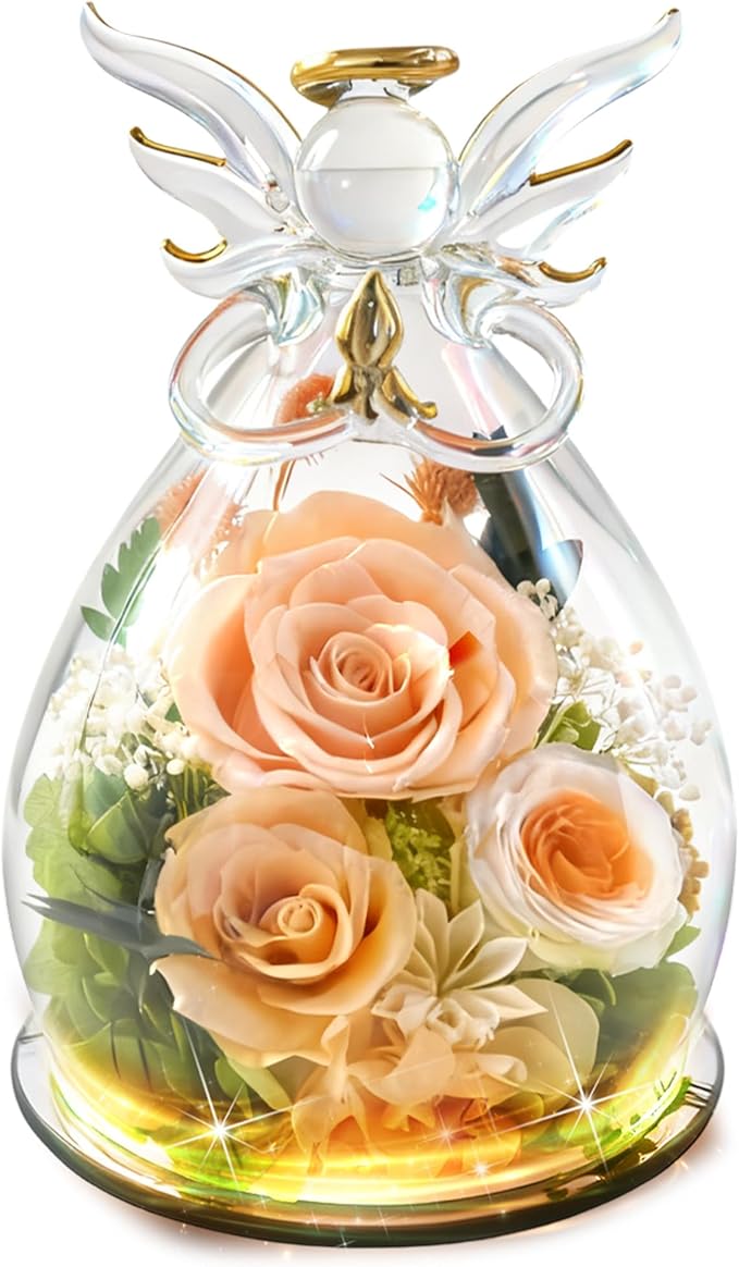 Preserved Rose Christmas Gifts for Women, Forever Flower in Glass Fresh Flowers for Delivery, Real Rose Angel Figurine Decor for Mom, Grandma, Mother’s Day, Valentine’s Day, Birthday, Xmas Gift