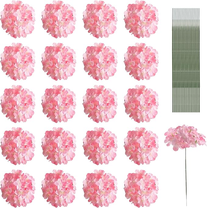 Veryhome 20Pcs Pink Hydrangea Artificial Flowers, Faux Hydrangea Flowers, Silk Flowers Heads with Stems, Fake Hydrangeas for Home Decor Wedding Party Centerpieces DIY Floral Arrangements