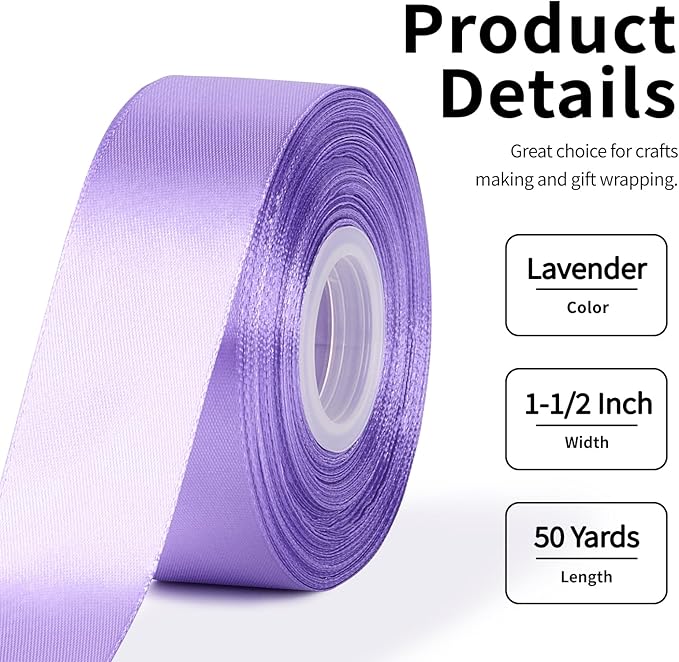 1-1/2 Inch Wide Lavender Purple Satin Ribbon, 50 Yards Solid Polyester Fabric Ribbon for Roses Making, Gift Wrapping, Christmas, Wedding Decorations, Crafts, Bows