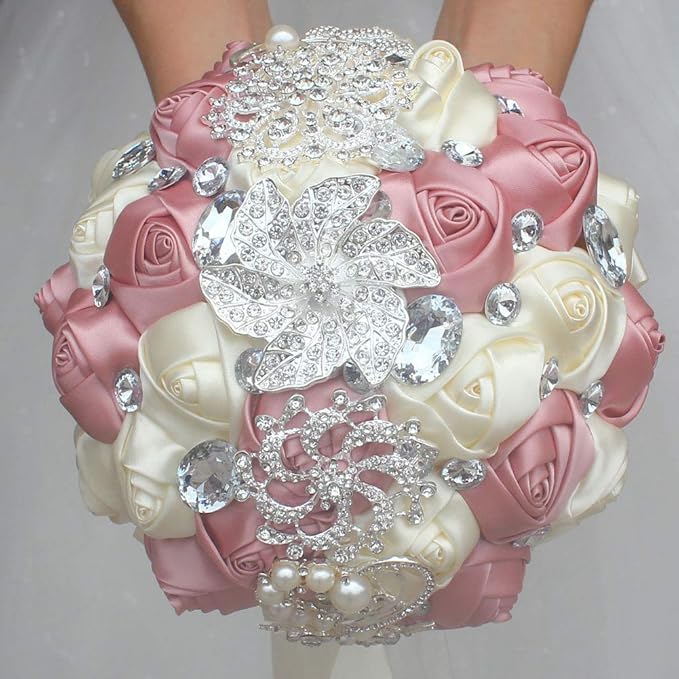 Wedding Bouquet Wedding Bouquets for Bride and Bridesmaid Artificial Silk Rose Bouquet for Wedding Occasion 7 inch Diameter, 9.8 inches Length 1pcs (Ivory+Pink)