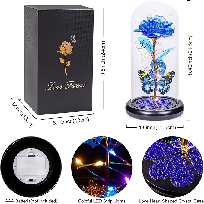 Pusuny Christmas Rose Gifts for Women Galaxy Glass Rose Forever Eternal Crystal Flower Birthday Gift Light Up Roses in Glass Dome with Butterfly Xmas Gifts for Women Mom Grandma Wife Her Sister Blue