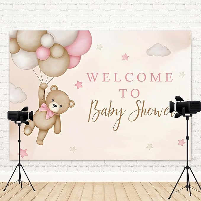 10x6.5ft Bear Baby Shower Backdrop Brown Pink Hot Air Balloon Photography Background Sky Cloud Star Welcome to Baby Shower Decorations Pregnancy Announcement Portrait Photo Booth Prop