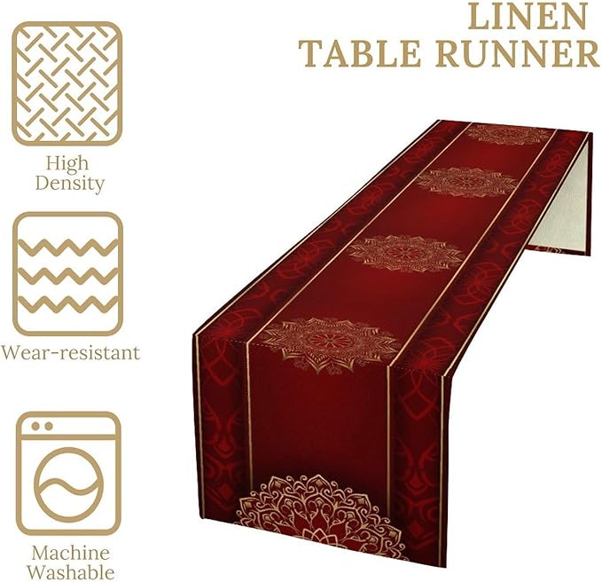 Luxurious Bohemian Table Runner, Red Gold Mandala Floral Boho Decor Table Runner for Kitchen Dining Festive Holiday Party Wedding Gathering, 13x70 Inch