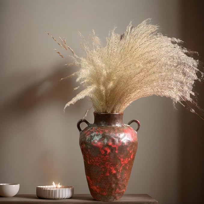 8IN Rustic Farmhouse Ceramic Vase Home Decor, Vintage Stoneware Clay Pottery Terracotta Textured for Modern Farmhouse, Living Room, Office Desk Table Shelf(Grey and red)