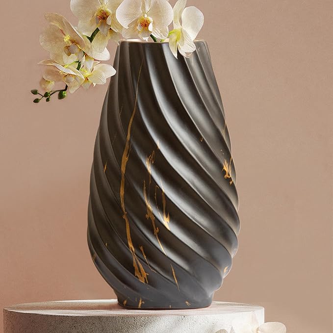 10 inch Tall Ribbed Ceramic Vase for Flowers,Boho Vases for Pampas Grass,Fluted vase,Simple Modern Decorative Vase for Home Decor Table Centerpieces (Black,Gold Marble)