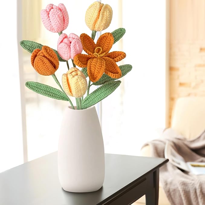 Dremisland Crochet Flowers 6PCS Crochet Tulips Finished Handmade Knitted Flowers Crocheted Bouquets Pastel Floral Gift for Mothers Girls Friends Teacher Gifts for Women,Graduation Flower Home Decor