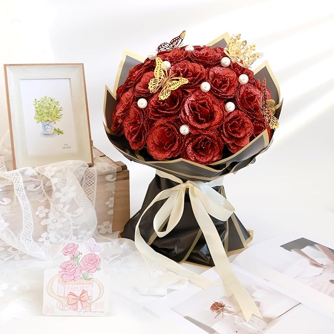 Glitter Roses Bouquet, Shiny Artificial Roses Flowers with Stems DIY Fake Glitter Flowers Bouquet for Valentine's Day, Anniversary, Graduation, Birthday, 36 Roses (Red)