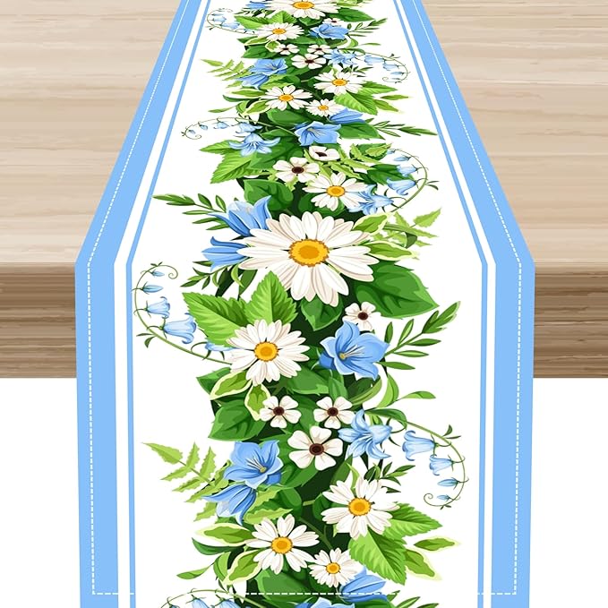 Wild Flower Table Runner, Vintage Seasonal Spring Daisy Flower Rustic Blue Farmhouse Table Center Decor for Family Kitchen Farmhouse Holiday Party Table Decorations Indoor Outdoor 13x90 inch