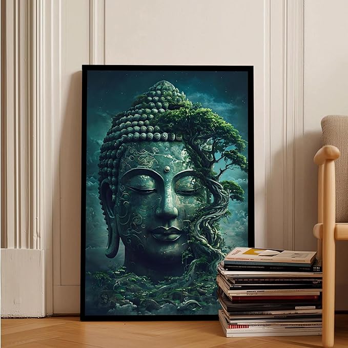 Buddha statue wall art canvas wall decor aesthetic picture mystical nature art for tranquil home and spiritual space 16x24in Metal blackFramed