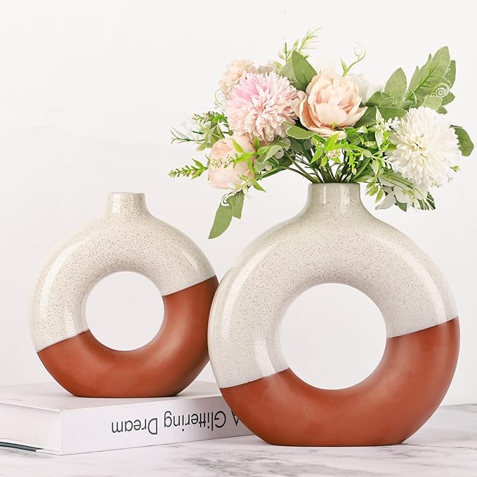 Terracotta Vase Decor Donut Vase Set of 2 - Circle Hollow Vases, Modern Matte Ceramic Vases for Entryway Living Room Bedroom Dining Table Centerpiece Office Home Decor