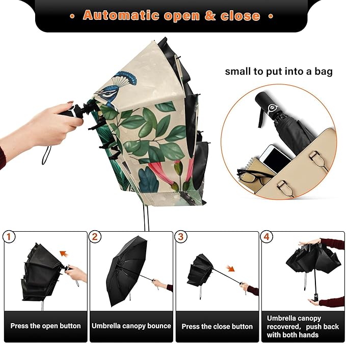 Automatic Folding Umbrella Windproof Strong, UV Protection Compact Floral Hydrangea Hummingbird Sun Rain Sun Rain Travel Umbrellas for Women Men