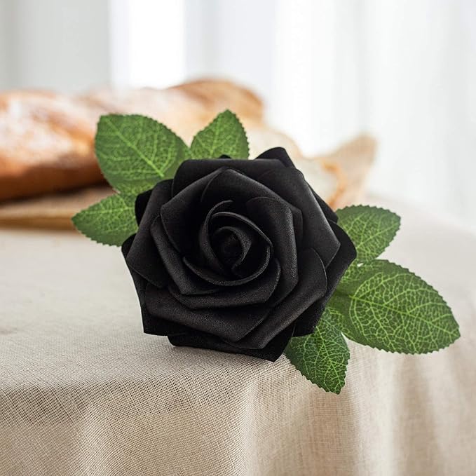 25pcs Artificial Flower Foam Rose Real Touch Roses Flower Heads with Stem for DIY Wedding Bouquets Centerpieces Arrangements Party Baby Shower Home Decor (Black)