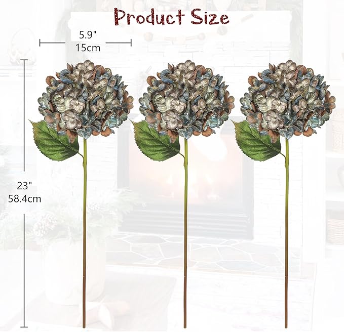 Hollyone 3Pcs Christmas Flowers Artificial Hydrangea Flowers with Stems 23inch Glitter Fake Hydrangea Flower Blue Floral Arrangements Bouquets Xmas Faux Hydrangea Wedding Party Christmas Home Decor