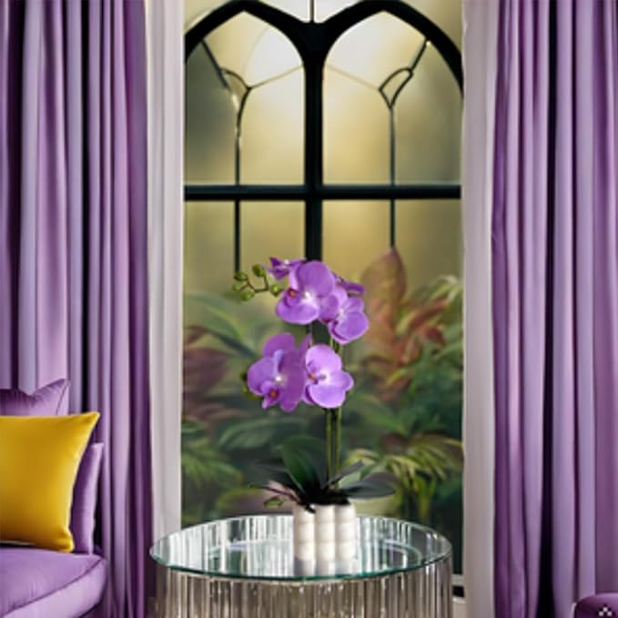 Artificial Orchid Flowers, 14 Inches Tall, Purple, Set in White Vases for Home Decor Orchid Artificial Flowers