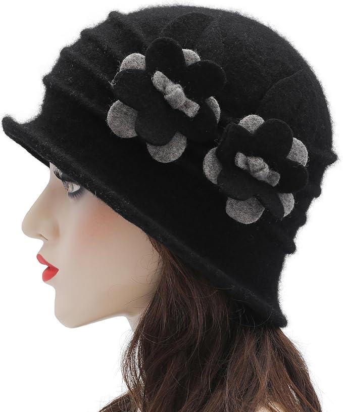 ZLYC Women Wool Cloche Bucket Hat 1920s Vintage Dress Winter Hats with Flower Accent