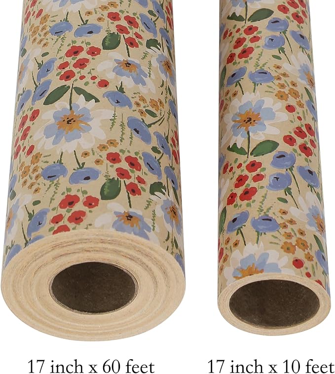 Aimyoo Watercolor Floral Kraft Wrapping Paper Roll, All Occasion Vintage Flower Gift Wrap for Wedding Birthday Bridal Shower, 17 inch x 10 ft