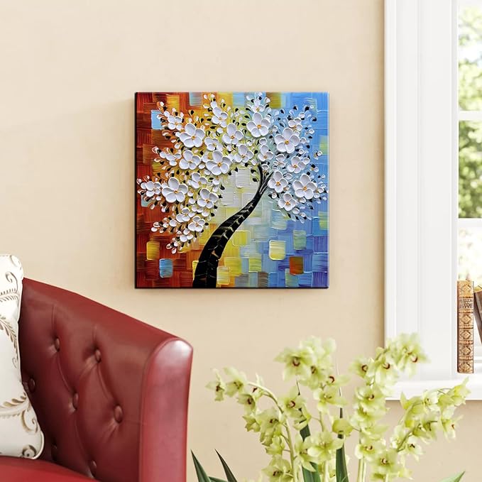 YaSheng Art - hand-painted Oil Painting On Canvas white Flowers Paintings Modern Home Interior Decor Wall Art for living room Abstract Art picture Ready to hang 24x24inch