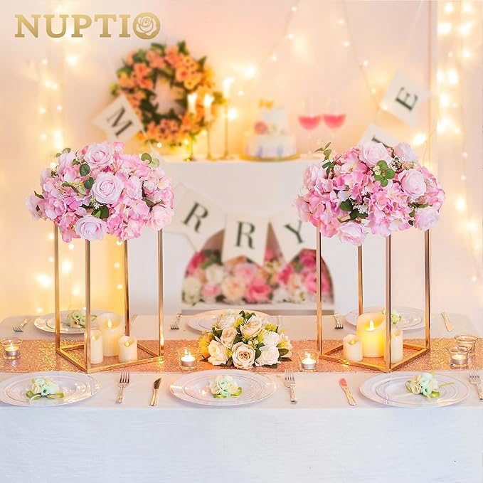 NUPTIO Flower Ball Arrangement Bouquet - 2 Pcs 14.2 inch Diameter Pink Fake Flowers Roses Balls for Centerpieces Tables - Artificial Rose Arrangements for Wedding Centerpiece Table Decorations