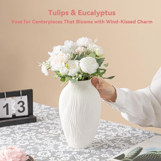 Windblown Texture Vase - White Matte Ceramic with Dynamic Lines, 9.2" Unique Flower Vase for Pampas Grass/Centerpieces, Decorative Farmhouse/Boho Vase for Living Room/Office, Ideal Gift for Minimalist