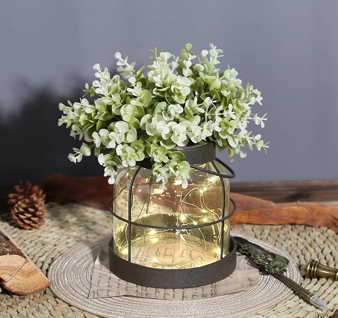 Vintage Glass Farmhouse Vase - Handmade Rustic Lantern Planter with Bonus Artificial Flowers & LED Lights (Home Decor Centerpiece), Farmhouse Wedding/Tabletop Decor, Housewarming Gift