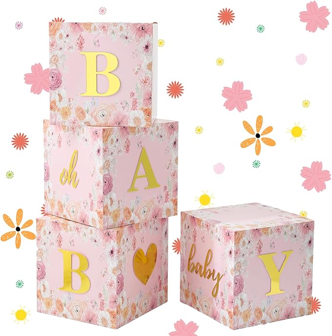 Wildflower Party Boxes, Baby in Bloom Boxes with Letters for Baby Shower Floral Wildflower Birthday Party Decorations Supplies Favors.(4PCS)