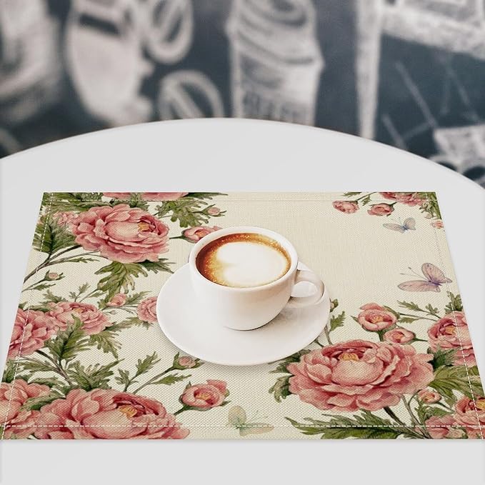 Pink Flowers Placemats Set of 6, 17x12 Inch Rustic Farmhouse Romantic Spring Floral Blossom Butterfly Table Mats for Home Party Kitchen Dining Decor