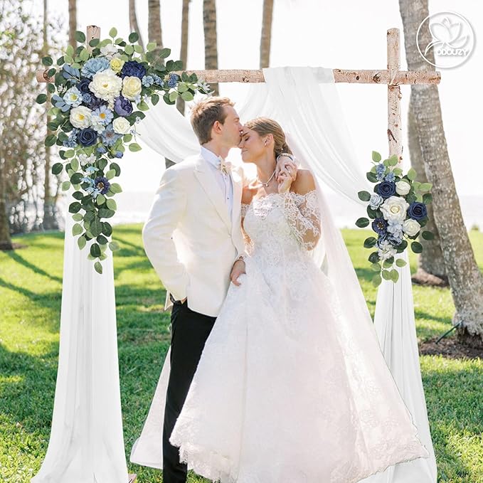 Wedding Arch Flowers Kit,Artificial Flower Arch Decor (Set of 3),2pcs Artificial Flower Arrangement with 1pc Sheer Drape for Wedding Decor Reception Backdrop Floral Decorations (Blue)
