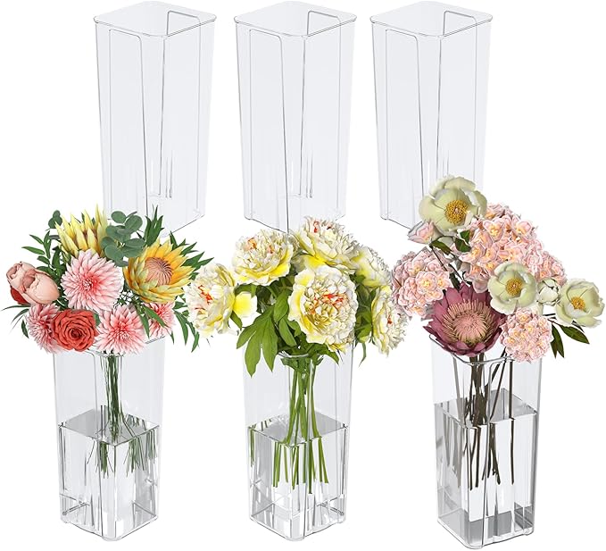 Pekky 6-Pack Clear Acrylic Flower Vases for Centerpieces, Tall Square Table Flowers Vase