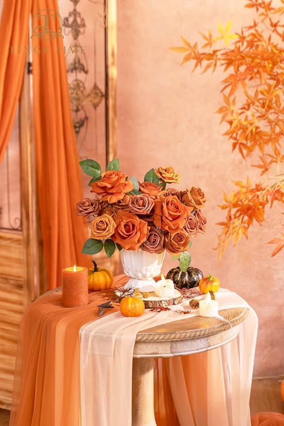 TINGE TIME Artificial Flowers 24pcs Real Looking Silk Flowers Fake Rose with Stems for DIY Wedding Bouquets Burnt Orange Bridal Shower Centerpieces Party Decorations (Maple Red A)