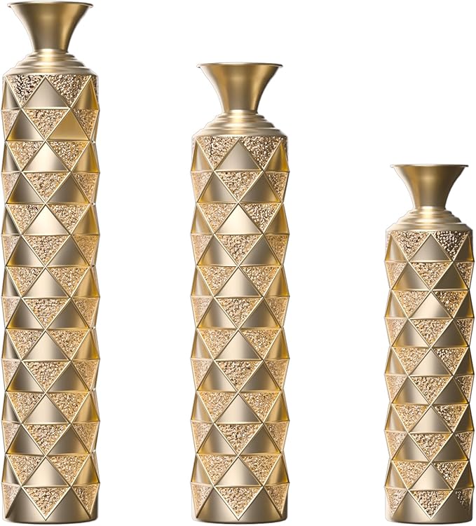 Floor Oversized Gold Metal Decorative Vase with 3D Triangle Pattern Set of 3 Large Vases for Home Living Room 33.5 ", 29.5 ", 25.2" High (Antique Gold)