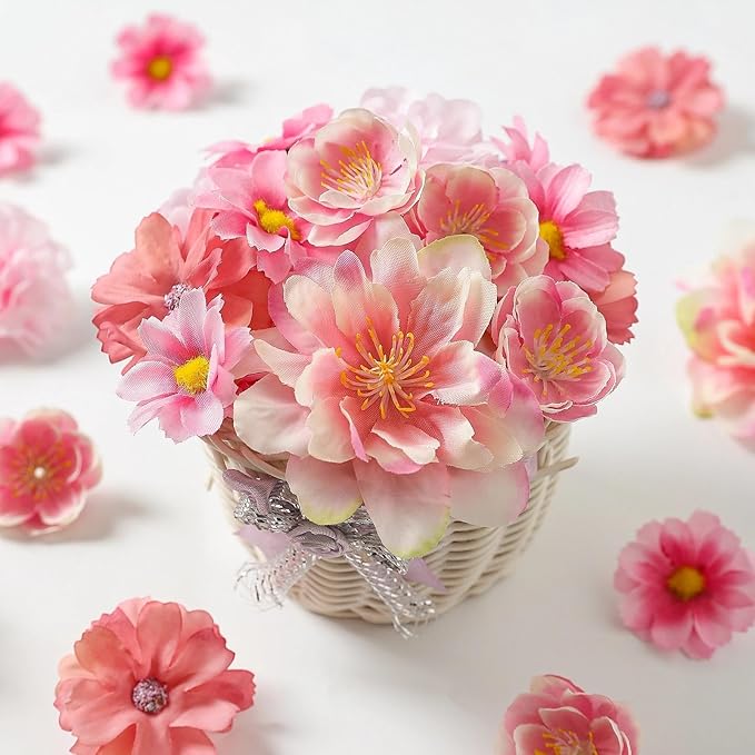 210Pcs Mini Fake Flower Heads Pink Small Silk Faux Flower Heads Artificial Rose Daisy Multicolor Flowers Bulk for Cake Crafts DIY Graduation Cap Wedding Hair Dresses Wreath Party Home Decor