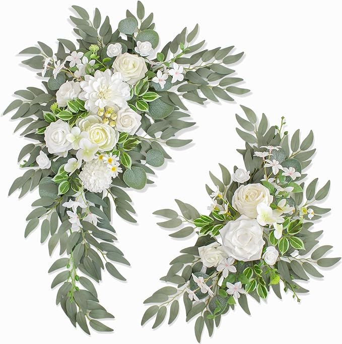 Wedding Welcome Signs Floral(Pack of 2)，Wedding Arch Flowers for Wedding Decorations and Reception Backdrop Decoration (New White)