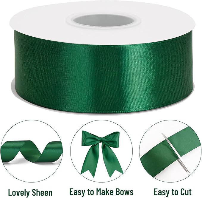 KINGLAKE Forest Green Satin Ribbon – 1 1/2'' x 100 Yards Polyester Dark Green Ribbon for Christmas Tree Green Christmas Ribbons for Gift Wrapping Wedding Party Decoration Crafts Floral Bouquets Wreath