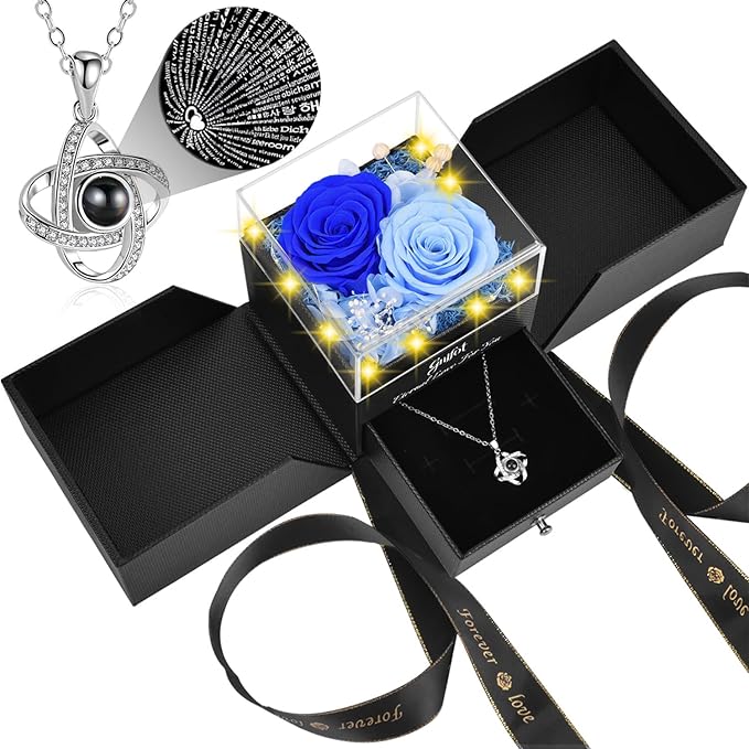 2 Preserved Rose Gift for Women - Eternal Rose with I Love You Necklace - Romantic Birthday Gifts for Girlfriend Mom Her Wife Grandma on Valentines Mothers Day Anniversary Christmas-Blue