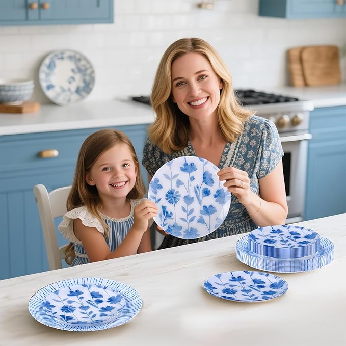 U-QE 50Pcs Blue Plastic Plates - Botanical Stripes Plates Disposable Heavy Duty, Fancy Floral Pattern Perfect for Weddings, Tea Parties, Holidays - 10.25" Dinner & 7.5" Dessert Plastic Plate
