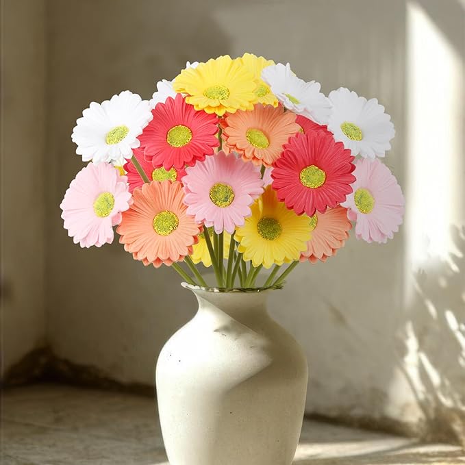 10 Pcs Artificial Gebera Daisies Flowers Fake Daisies Real Touch Flower PU Faux Flowers Bouquet for Indoor Home Arrangements Vase Wedding Party Table Centerpiece DIY Floral Decor Multicolor