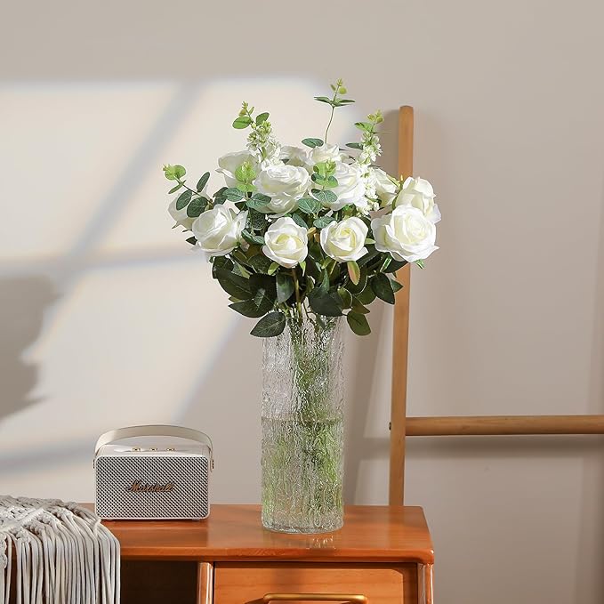 12PCS Artificial Silk Flowers Realistic Roses Bouquet Long Stem for Home Wedding Decoration Party (White -2)