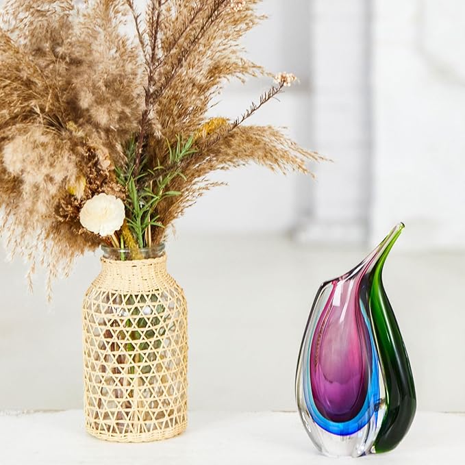 Luxury Lane Hand Blown Multicolor Sommerso Teardrop Art Glass Vase for Decor 9.5 inch Tall Centerpiece Table Decoration