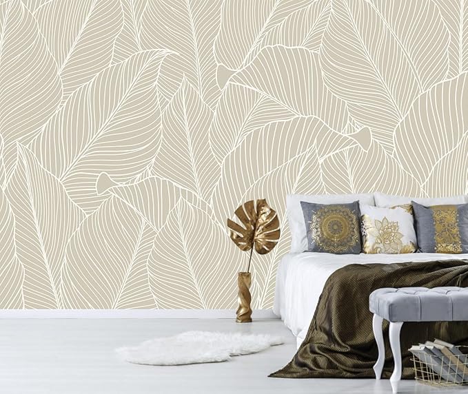 Tropical Palm Leaf Beige Wallpaper Peel and Stick Botanical Leaf Pattern Art Self Adhesive Wall Mural for Living Room Bedroom 82"x57"