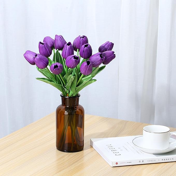 SITUMEIZI 15pcs Tulips Fake Artificial Flowers Real Touch 14" Silk Flower for Home Decor Easter Spring Wedding Bouquet Decorations Mother's Gift Day Floral Arrangements(Deep Purple)